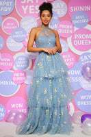 Load image into Gallery viewer, A Line Halter Grey Blue Prom Dress with Embroidery