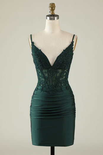 Dark Green Spaghetti Straps Tight Short Homecoming Dress with Beading