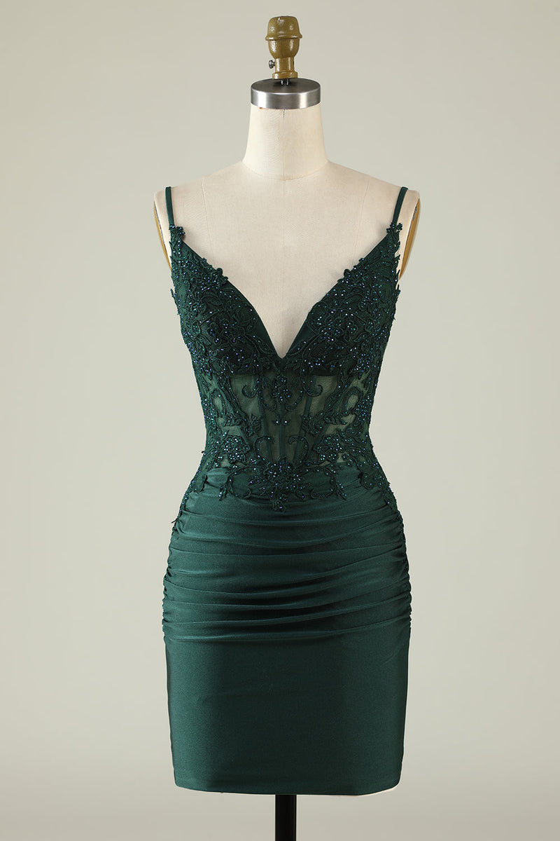Load image into Gallery viewer, Dark Green Spaghetti Straps Tight Short Homecoming Dress with Beading