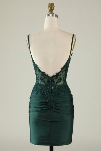 Dark Green Spaghetti Straps Tight Short Homecoming Dress with Beading