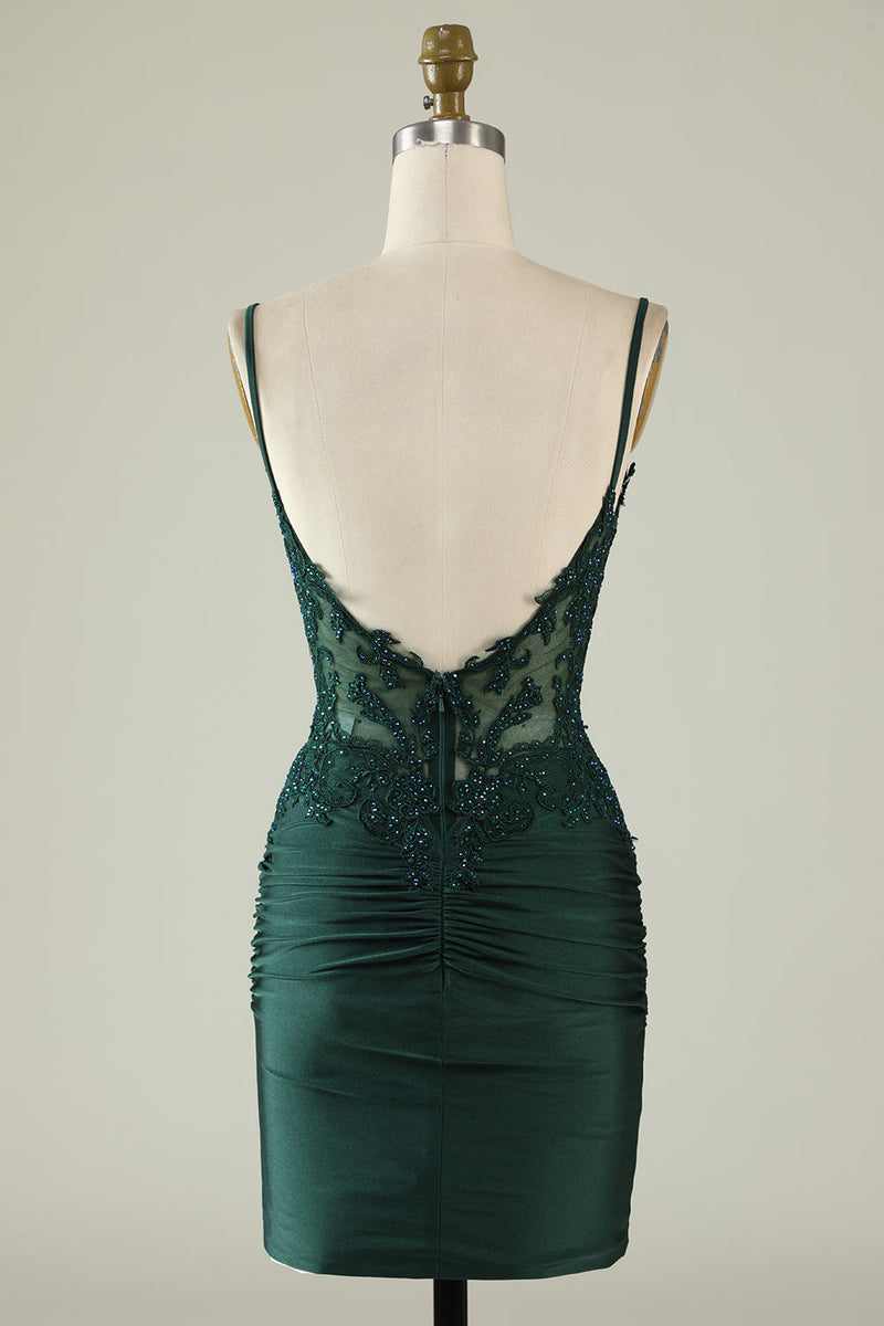 Load image into Gallery viewer, Dark Green Spaghetti Straps Tight Short Homecoming Dress with Beading