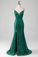 Load image into Gallery viewer, Sparkly Dark Green Beaded Sequins Long Prom Dress with Slit