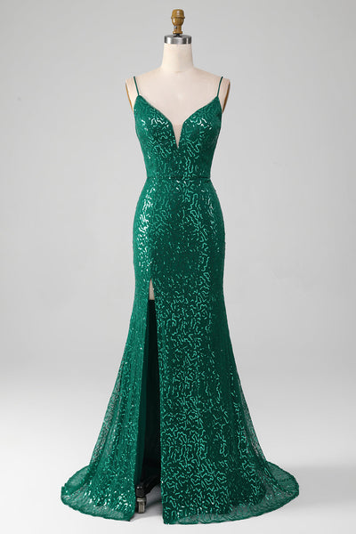 Sparkly Dark Green Beaded Sequins Long Prom Dress with Slit