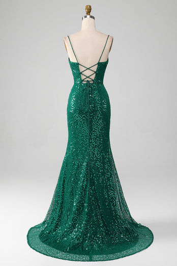 Sparkly Dark Green Beaded Sequins Long Prom Dress with Slit