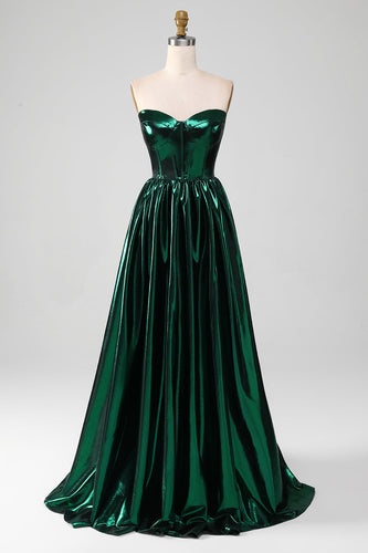 Glitter Dark Green Corset Metallic Long Prom Dress