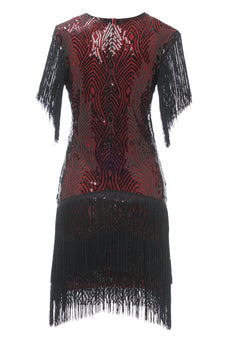 Black Red V Neck Cocktail Dress with Tassel