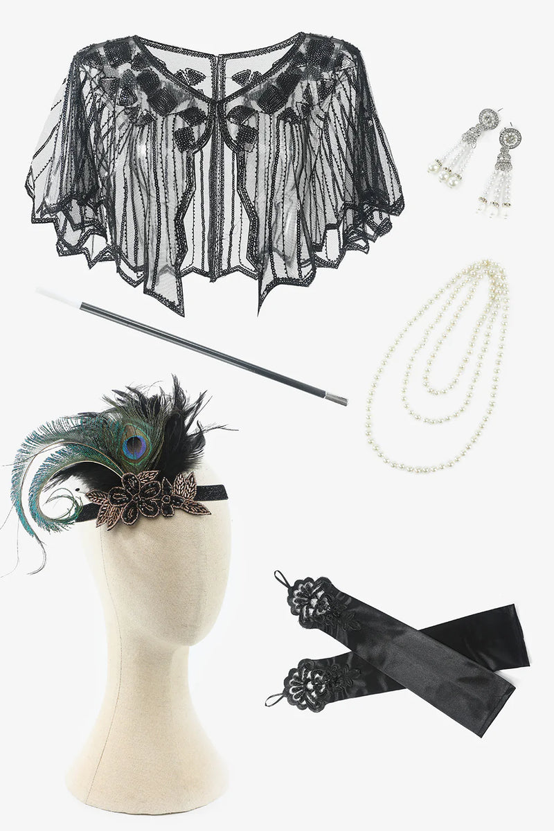 Load image into Gallery viewer, Black Six Pieces Necklace Gloves 1920s Party Accessories