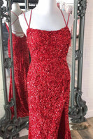 Load image into Gallery viewer, Mermaid Red Sequins Long Prom Dress with Slit