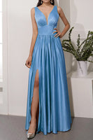 Load image into Gallery viewer, Champagne Satin Long Prom Dress with Slit