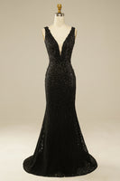 Load image into Gallery viewer, Elegant Glitter Black Deep V Neck Long Prom Dress with Rhinestone