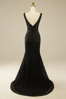 Load image into Gallery viewer, Elegant Glitter Black Deep V Neck Long Prom Dress with Rhinestone