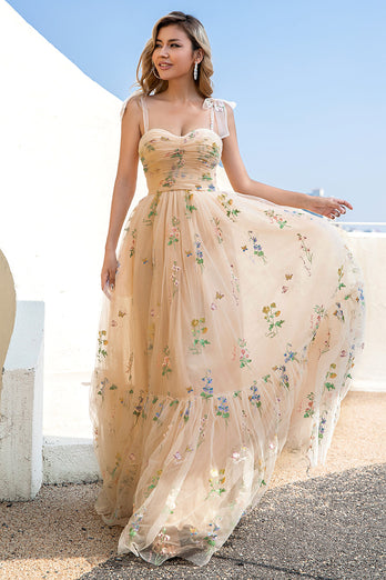 Champagne Embroidery Long Prom Dress