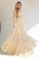 Load image into Gallery viewer, Champagne Embroidery Long Prom Dress
