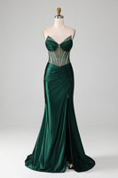 Load image into Gallery viewer, Mermaid Sweetheart Dark Green Corset Prom Dress with Split Front