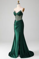 Load image into Gallery viewer, Mermaid Sweetheart Dark Green Corset Prom Dress with Split Front