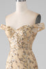 Load image into Gallery viewer, Mermaid Off The Shoulder Golden Long Beaded Prom Dress with Slit