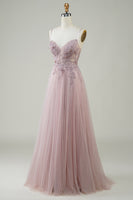 Load image into Gallery viewer, Sparkly Blush A-Line Tulle Long Prom Dress with Lace