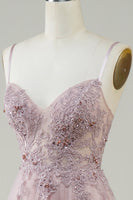 Load image into Gallery viewer, Sparkly Blush A-Line Tulle Long Prom Dress with Lace