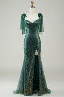 Load image into Gallery viewer, Sparkly Dark Green Mermaid Sequin Long Prom Dress with Slit