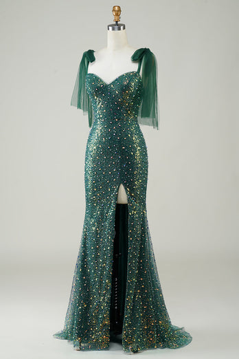 Sparkly Dark Green Mermaid Sequin Long Prom Dress with Slit