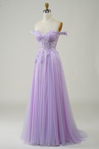 Purple Corset A-Line Long Tulle Prom Dress with Lace