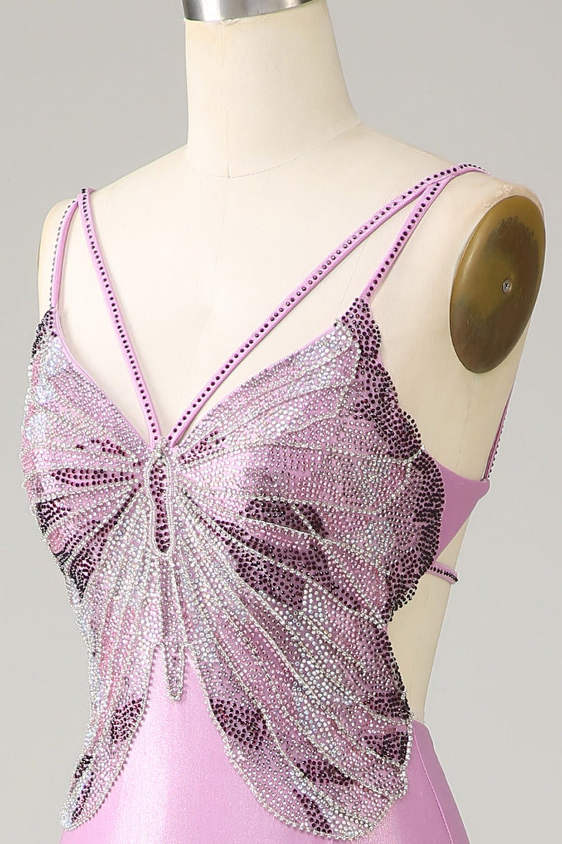 Load image into Gallery viewer, Purple Mermaid Backless Spaghetti Straps Butterflies Prom Dress