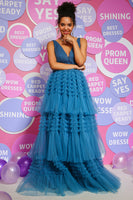 Load image into Gallery viewer, Peacock Blue A Line V Neck Tulle Long Prom Dress
