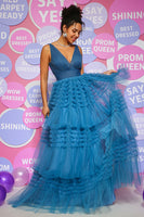 Load image into Gallery viewer, Peacock Blue A Line V Neck Tulle Long Prom Dress