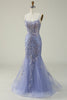 Load image into Gallery viewer, Purple Spaghetti Straps Tulle Long Prom Dress With Appliques