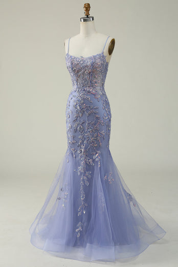 Purple Spaghetti Straps Tulle Long Prom Dress With Appliques