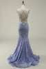 Load image into Gallery viewer, Halter Mermaid Purple Lace Long Prom Dress