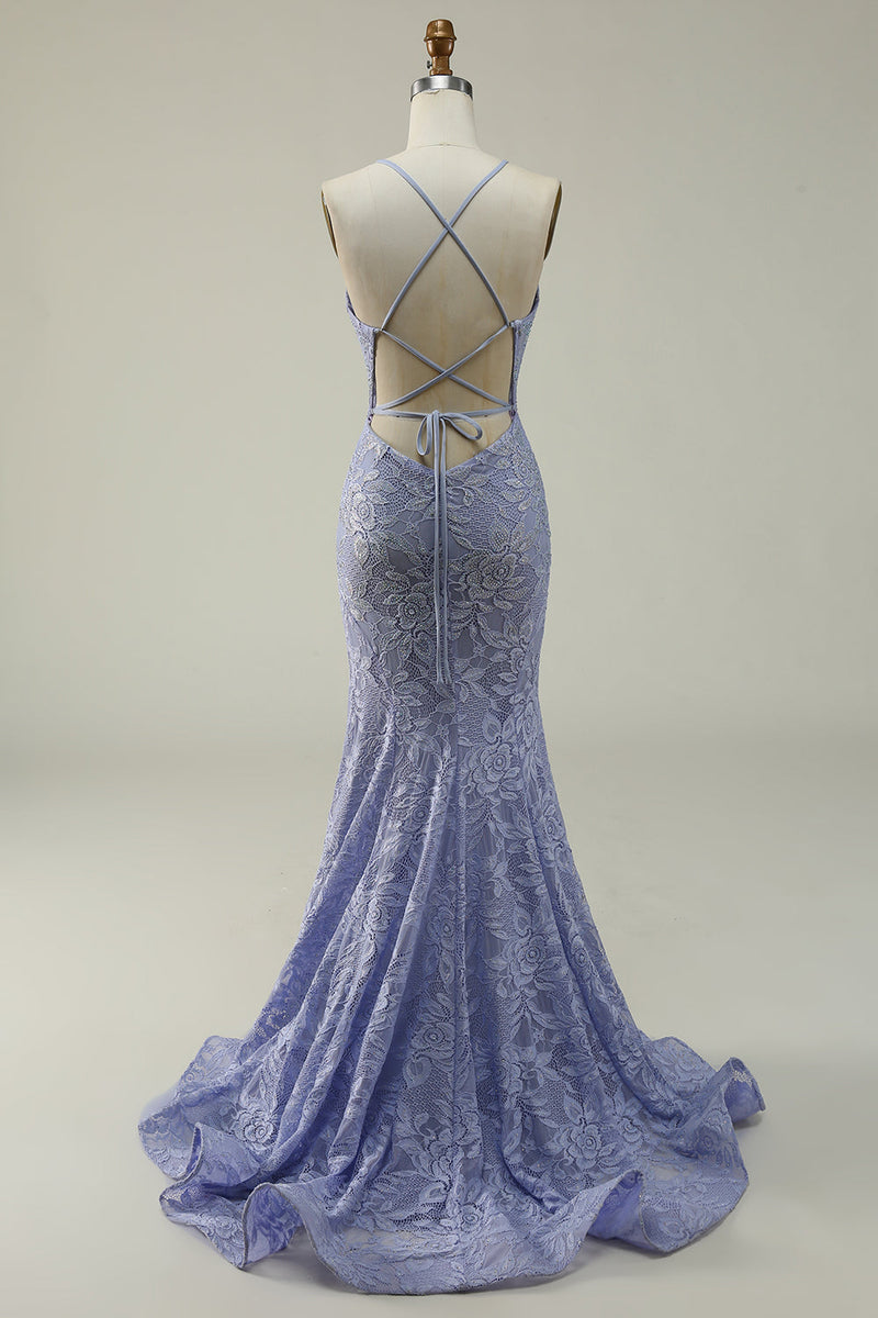 Load image into Gallery viewer, Halter Mermaid Purple Lace Long Prom Dress