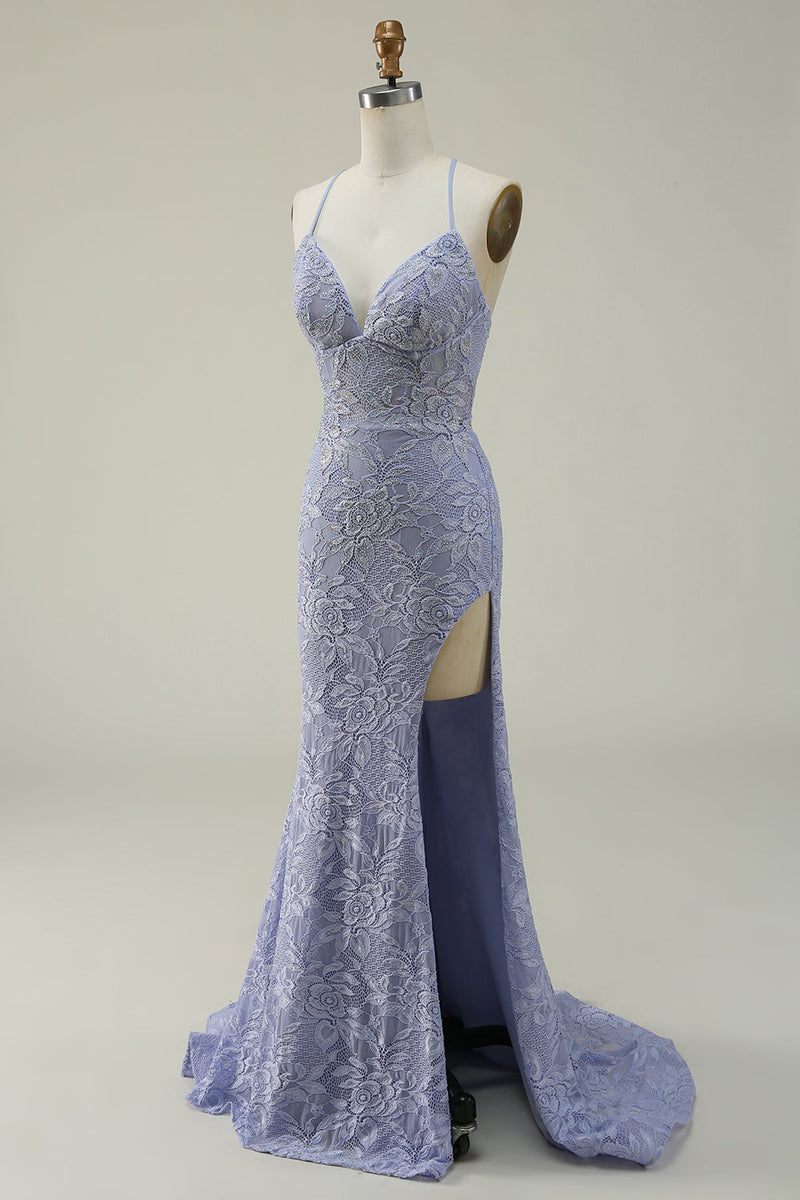 Load image into Gallery viewer, Halter Mermaid Purple Lace Long Prom Dress