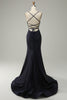 Load image into Gallery viewer, Navy Spaghetti Straps Beaded Prom Dress with Split