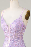 Load image into Gallery viewer, Sparkly Mermaid Spaghetti Straps Purple Corset Prom Dress with Slit
