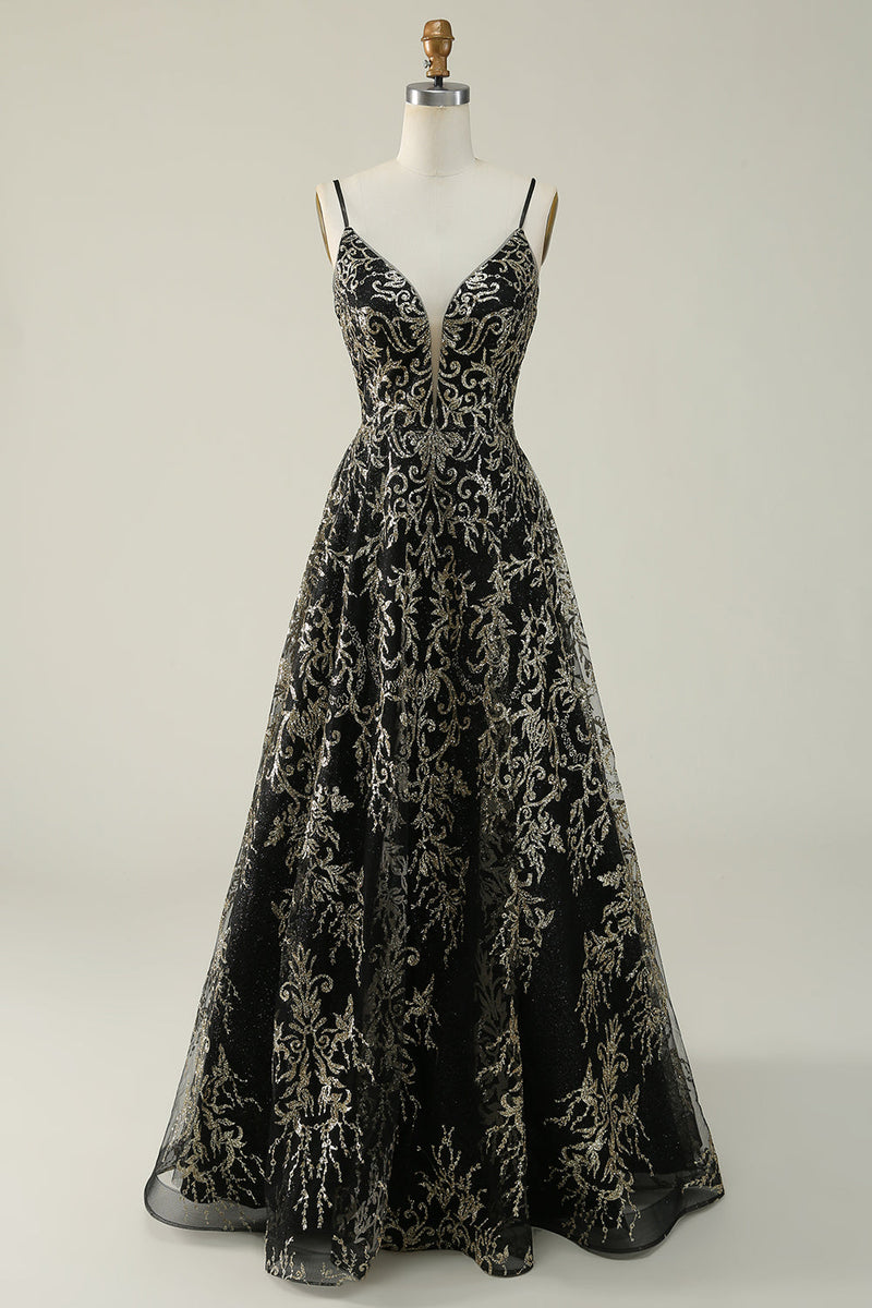 Load image into Gallery viewer, Black Golden Spaghetti Straps Long Prom Dress