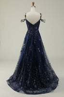 Load image into Gallery viewer, Navy A Line Cold Shoulder Long Prom Dress