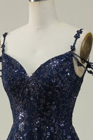 Load image into Gallery viewer, Navy A Line Cold Shoulder Long Prom Dress