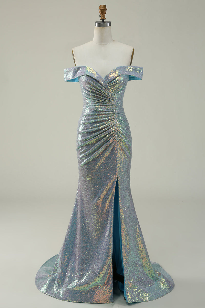 Load image into Gallery viewer, Mermaid Blue Sparkly Off the Shoulder Prom Dress With Slit