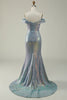 Load image into Gallery viewer, Mermaid Blue Sparkly Off the Shoulder Prom Dress With Slit