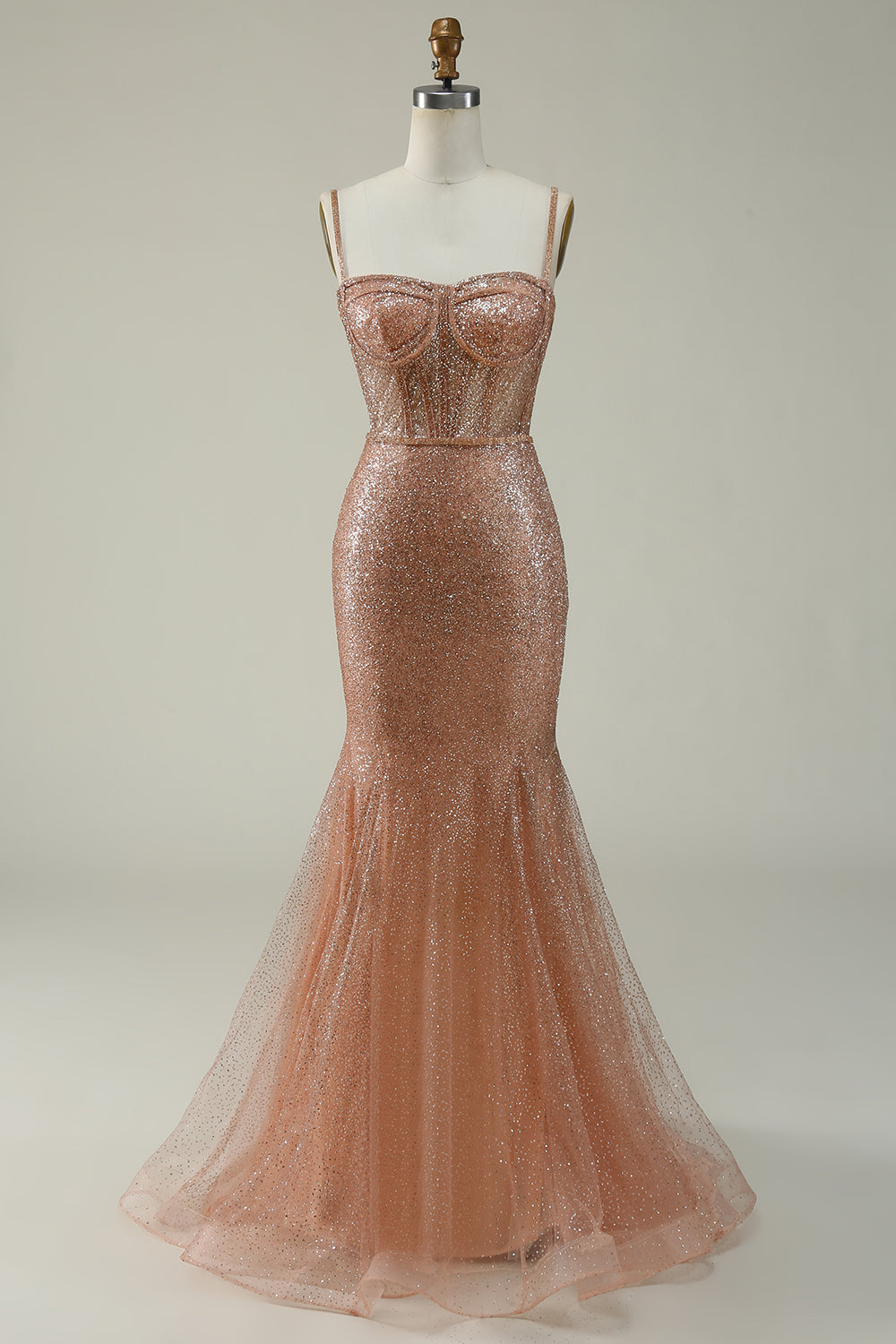 Mermaid Spaghetti Straps Blush Sequins Long Prom Dress