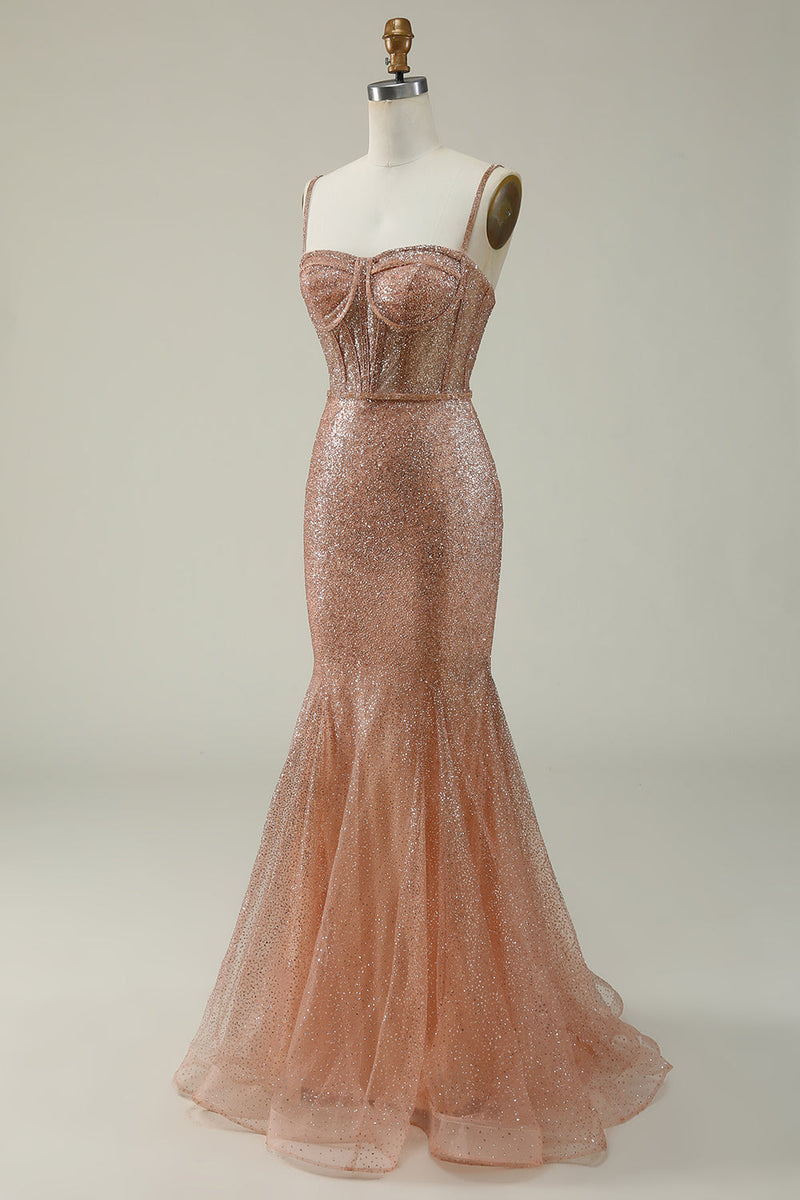Load image into Gallery viewer, Mermaid Spaghetti Straps Blush Sequins Long Prom Dress