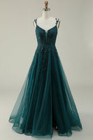 Load image into Gallery viewer, A Line Spaghetti Straps Dark Green Long Prom Dress with Appliques