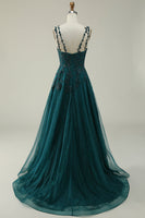 Load image into Gallery viewer, A Line Spaghetti Straps Dark Green Long Prom Dress with Appliques