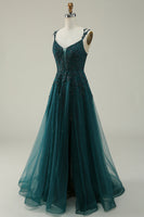 Load image into Gallery viewer, A Line Spaghetti Straps Dark Green Long Prom Dress with Appliques