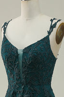 Load image into Gallery viewer, A Line Spaghetti Straps Dark Green Long Prom Dress with Appliques