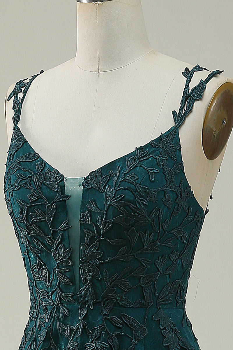 Load image into Gallery viewer, A Line Spaghetti Straps Dark Green Long Prom Dress with Appliques