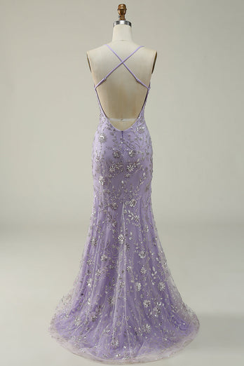 Mermaid Spaghetti Straps Purple Long Prom Dress with Beading