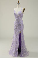Load image into Gallery viewer, Mermaid Spaghetti Straps Purple Long Prom Dress with Beading