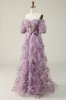 Load image into Gallery viewer, A Line Off the Shoulder Purple Long Prom Dress with Printing